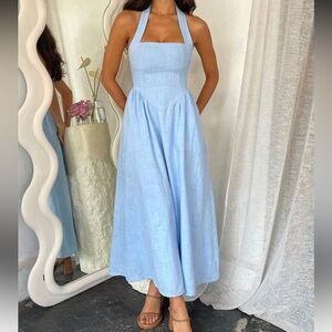 SHEIN Blue Pleated Maxi Sundress Scoop Neck Sleeveless